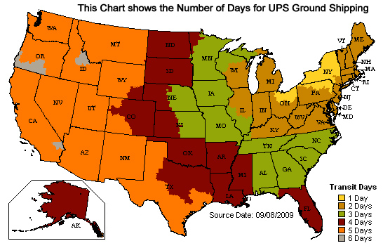 Denny's Driveshafts UPS Ground Delivery Day Chart